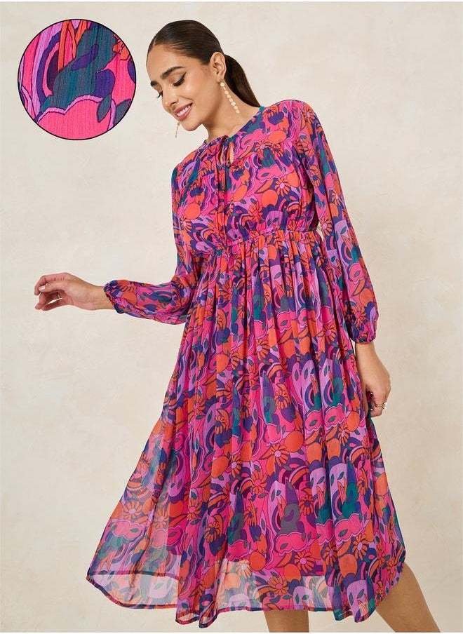 All Over Print Long Sleeve A-Line Midi Dress