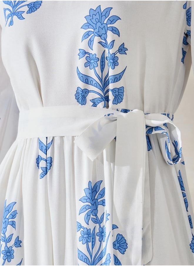 Floral Print Midi Dress with Tie Belt