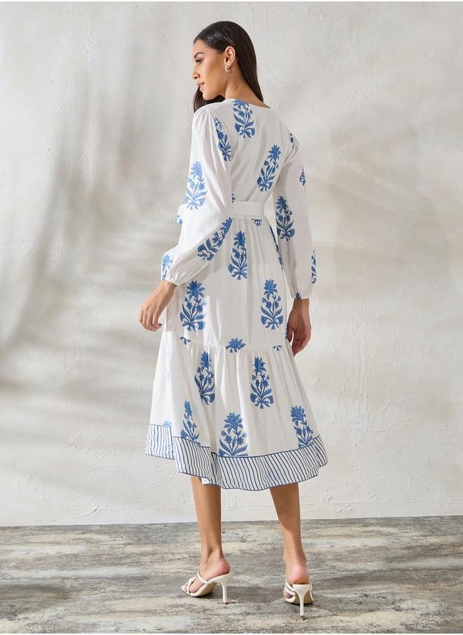 Floral Print Midi Dress with Tie Belt