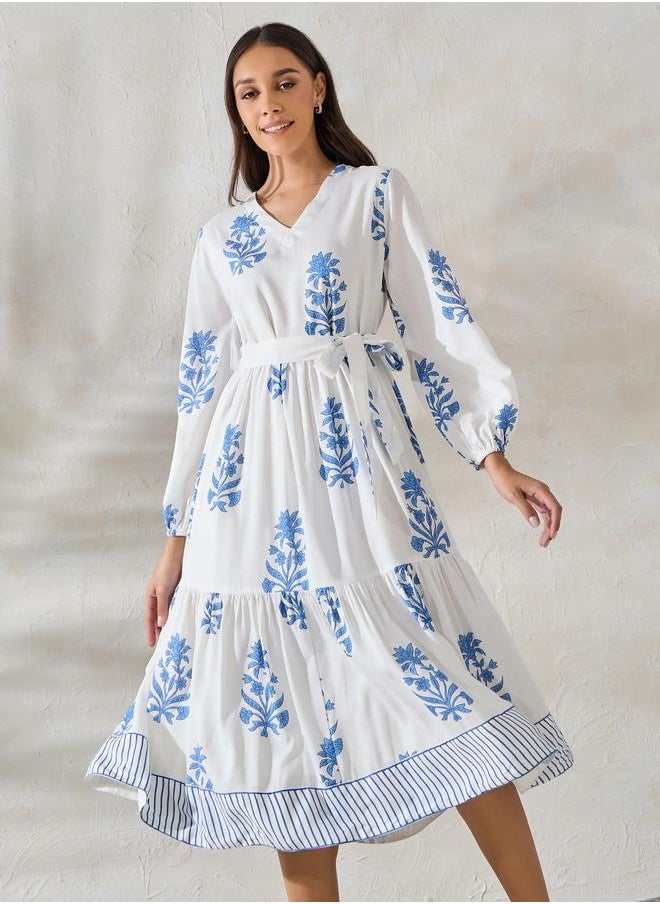 Floral Print Midi Dress with Tie Belt