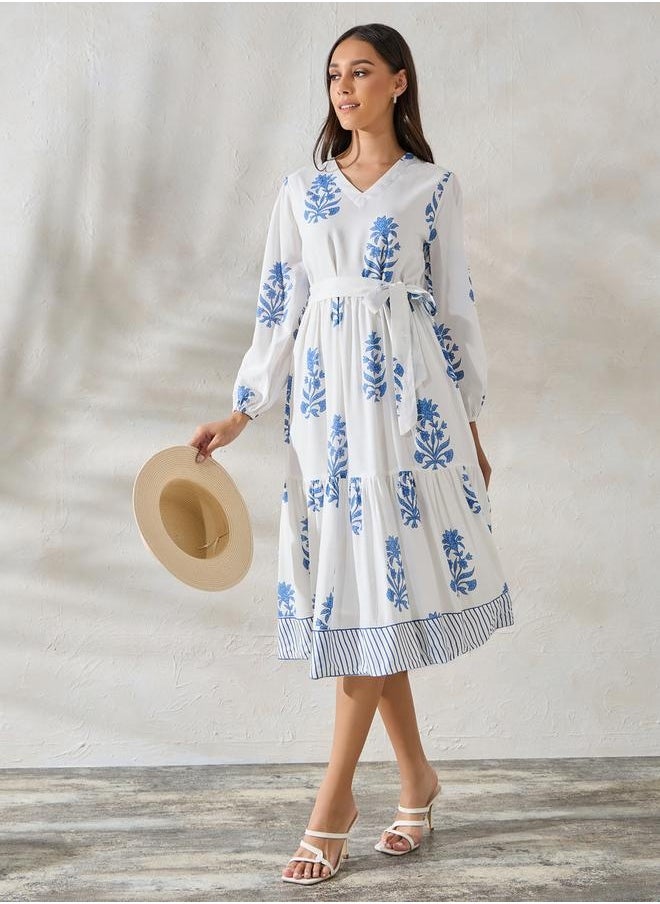Floral Print Midi Dress with Tie Belt