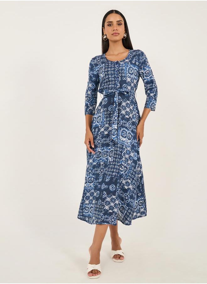 All-Over Print 3/4 Sleeve A-Line Midi Dress with Tie-Up