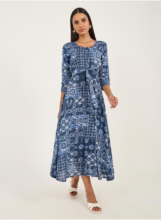 All-Over Print 3/4 Sleeve A-Line Midi Dress with Tie-Up