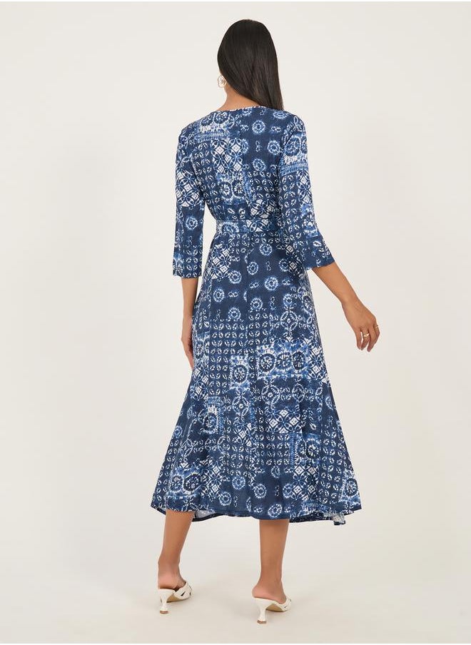 All-Over Print 3/4 Sleeve A-Line Midi Dress with Tie-Up