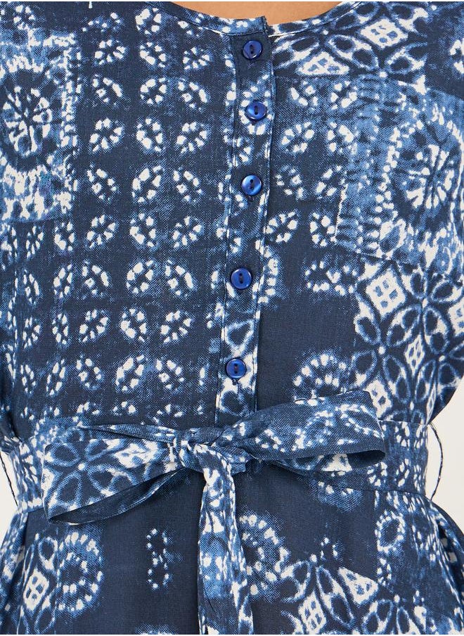 All-Over Print 3/4 Sleeve A-Line Midi Dress with Tie-Up