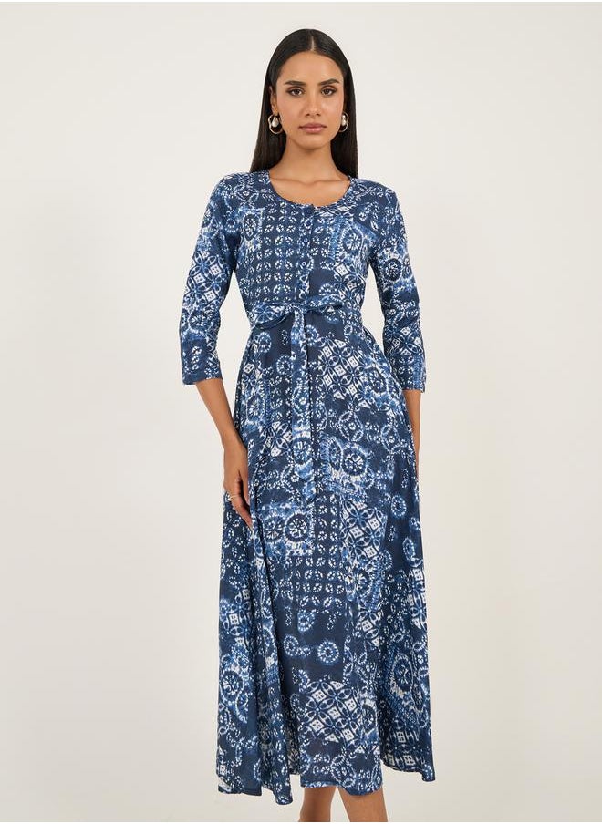 All-Over Print 3/4 Sleeve A-Line Midi Dress with Tie-Up