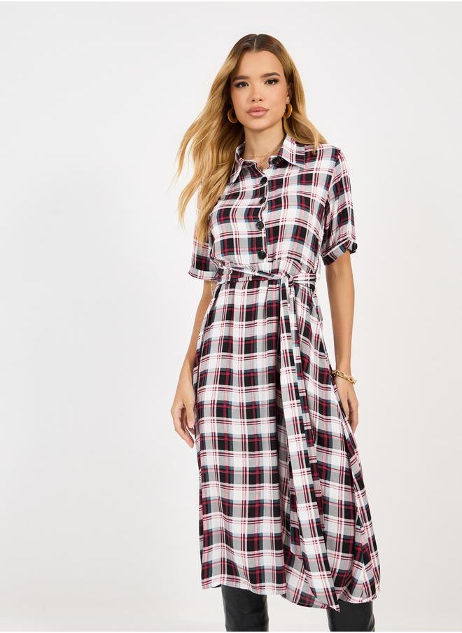 Checked Shirt Midi Dress with Tie Belt