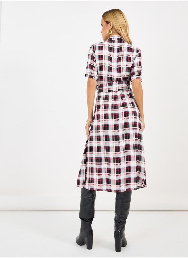 Checked Shirt Midi Dress with Tie Belt
