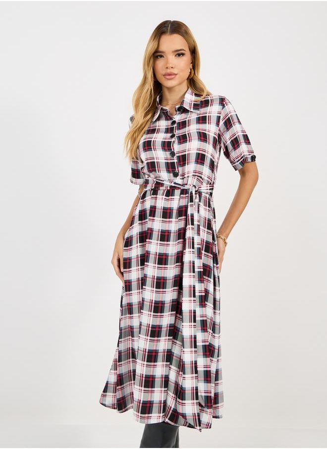 Checked Shirt Midi Dress with Tie Belt