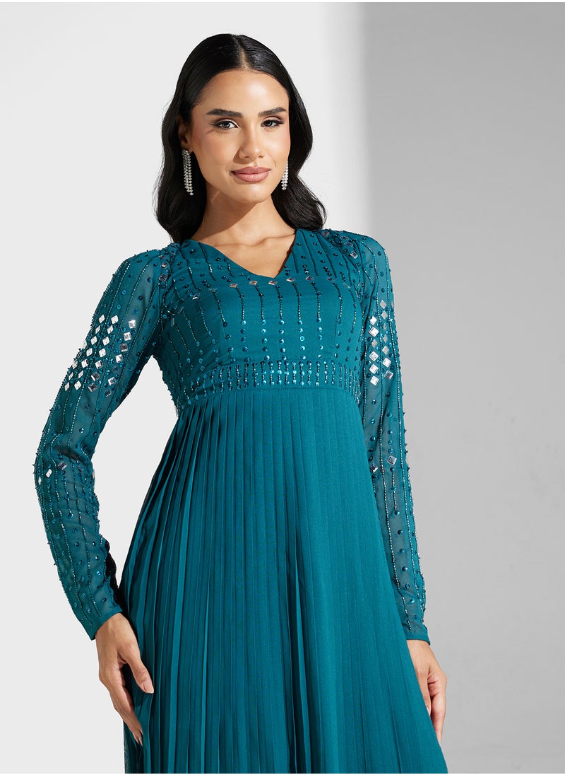 V-Neck Embellished Mesh Detailed Dress