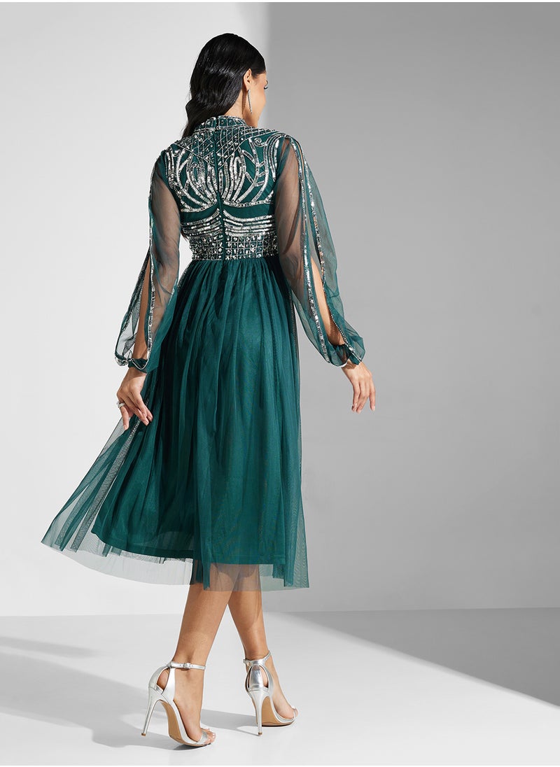 Embellished Mesh Detailed Dress