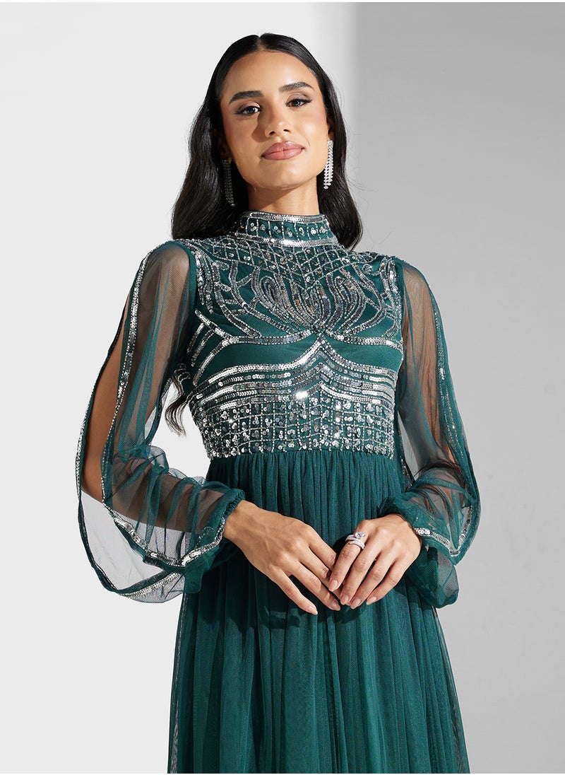 Embellished Mesh Detailed Dress