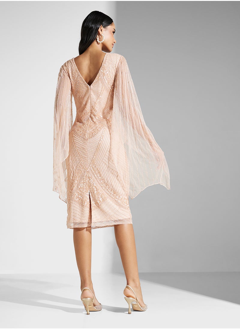 Flared Sleeve Embellished Dress
