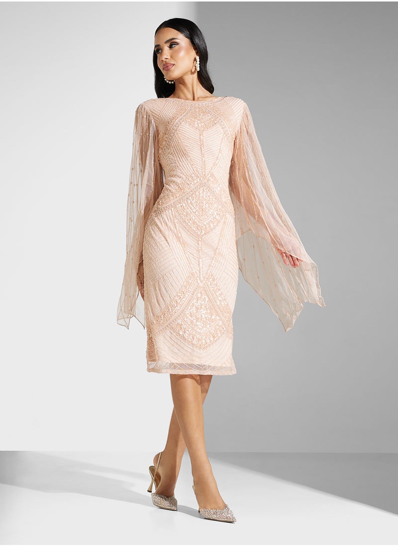 Flared Sleeve Embellished Dress