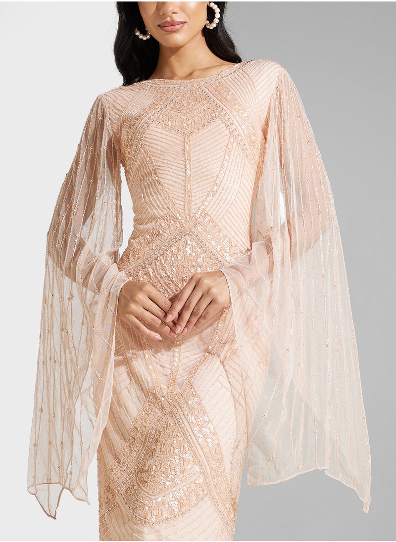 Flared Sleeve Embellished Dress