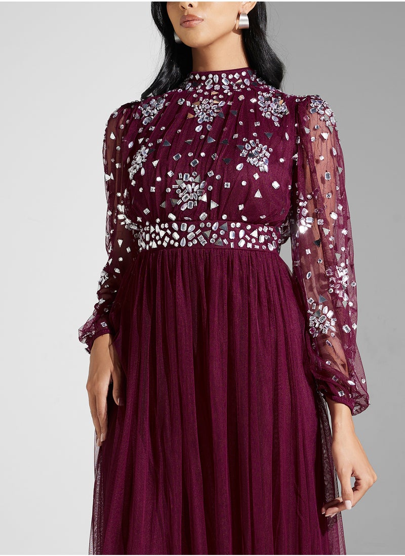 Embellished Mesh Detailed Dress