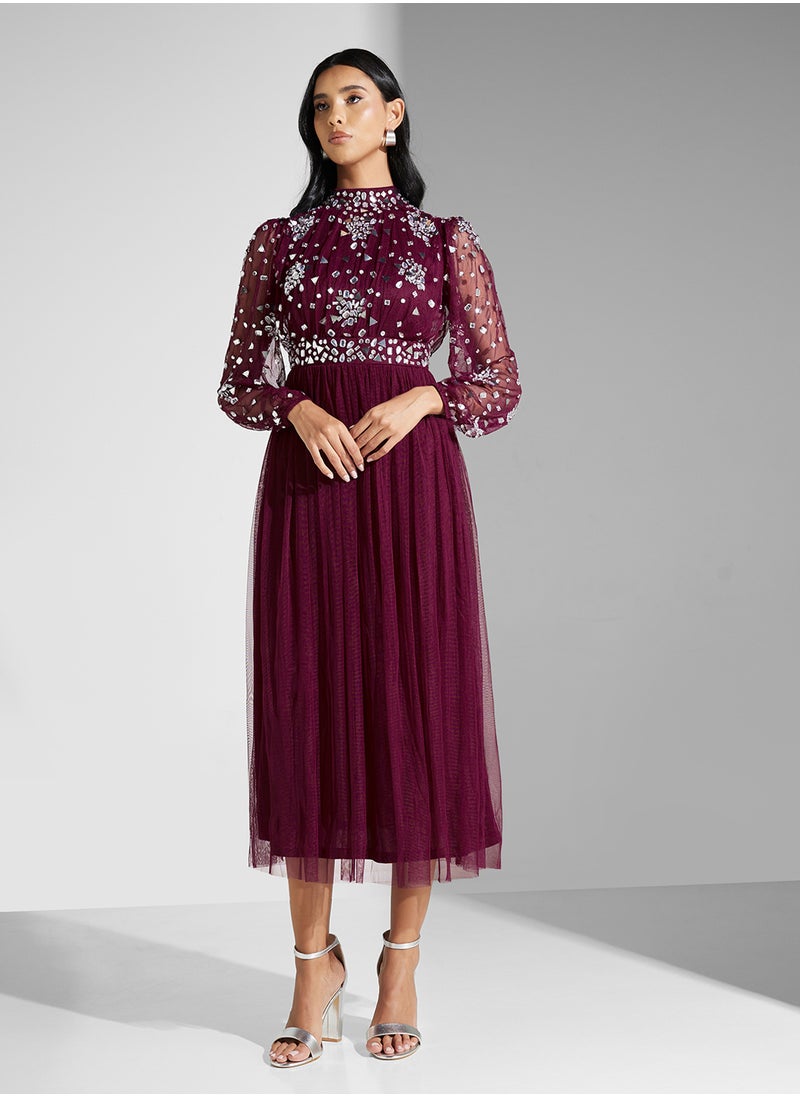Embellished Mesh Detailed Dress