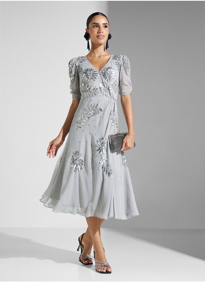 Embellished V-Neck Mesh Detailed Dress