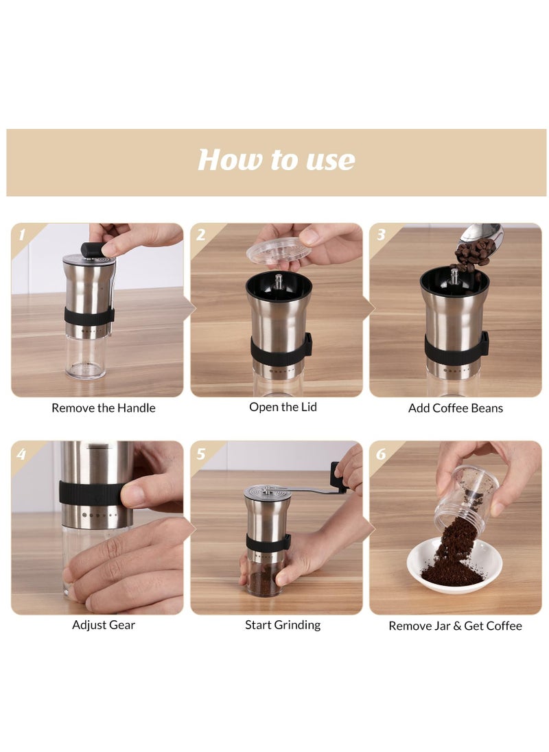 Upgrade Manual Coffee Grinder, Portable Stainless Steel Hand Crank Coffee Bean Grinder, Hand Coffee Grinder 6 Coarseness Settings, burr coffee grinder with Ceramic Burrs, Perfect for families