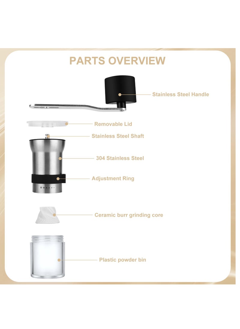 Upgrade Manual Coffee Grinder, Portable Stainless Steel Hand Crank Coffee Bean Grinder, Hand Coffee Grinder 6 Coarseness Settings, burr coffee grinder with Ceramic Burrs, Perfect for families