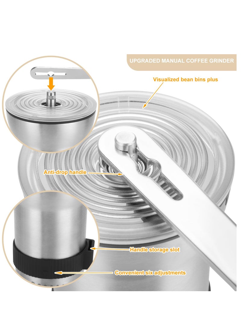 Upgrade Manual Coffee Grinder, Portable Stainless Steel Hand Crank Coffee Bean Grinder, Hand Coffee Grinder 6 Coarseness Settings, burr coffee grinder with Ceramic Burrs, Perfect for families