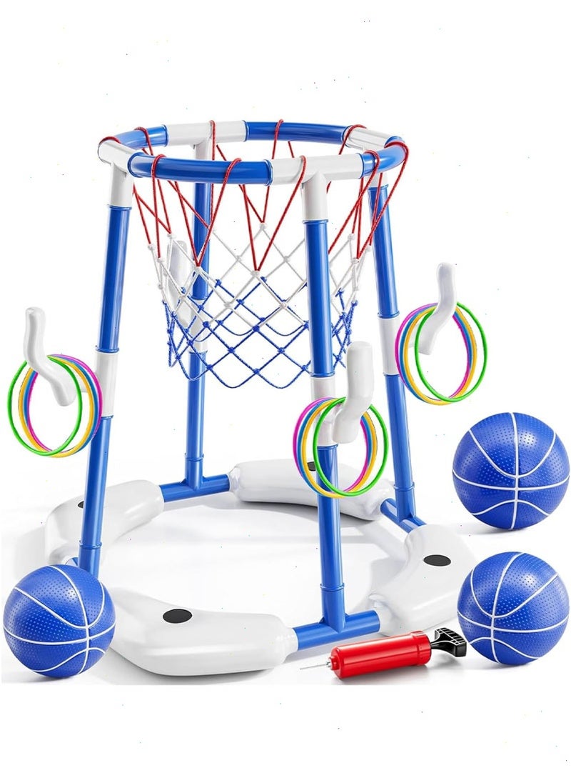Pool Toys, Pool Basketball Hoop, 2-in-1 Floating Pool Toys Ring Game with 3 Balls and Pump, Outdoor Swimming Pool Basketball Toys for Family Party