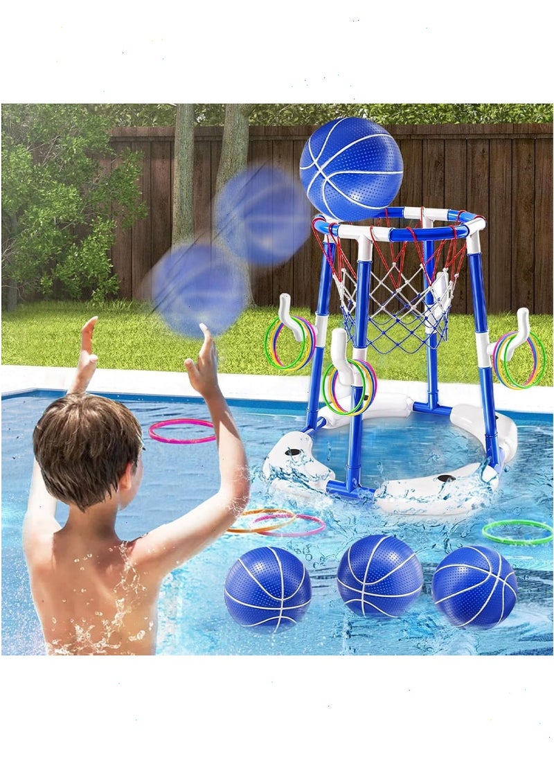 Pool Toys, Pool Basketball Hoop, 2-in-1 Floating Pool Toys Ring Game with 3 Balls and Pump, Outdoor Swimming Pool Basketball Toys for Family Party