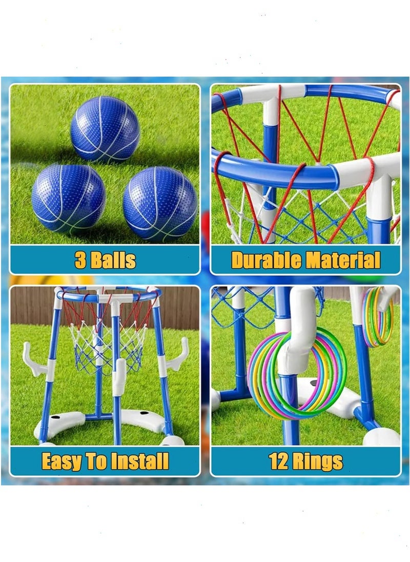 Pool Toys, Pool Basketball Hoop, 2-in-1 Floating Pool Toys Ring Game with 3 Balls and Pump, Outdoor Swimming Pool Basketball Toys for Family Party