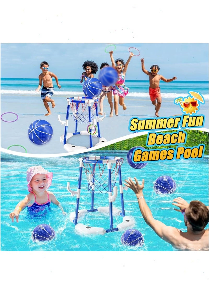 Pool Basketball Hoop, 2-in-1 Floating Pool Toys Ring Game with 4 Balls and Pump, Outdoor Swimming Pool Basketball Games Water Play Toy Family Party for Kids Adults Age 3-12