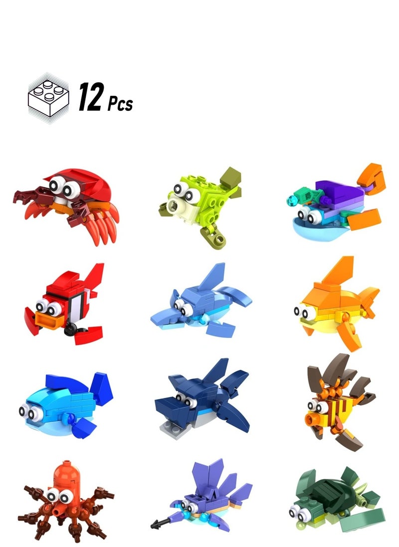 12Pcs Sea Creatures Building Block Set, 12 In 1 Pre Filled Brick Box, Mini Building Block Toy, Building Toy Set, STEM Building Blocks Toy, Classroom Prize Toy, Learning Toy to Develop Fine Motor Skill