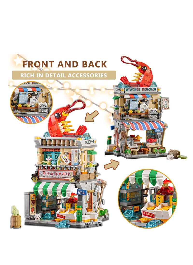 Building Blocks House Toy, China Street View Seafood Shop Architecture Mini Building Toys Model Gift for 6 to 12 Years Old Kid Girls and Boys