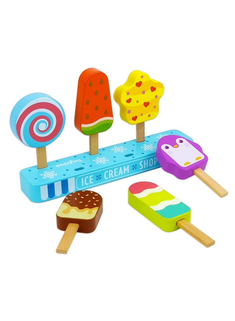 Wooden Ice Cream Toy for Kids, Toddler Pretend Play Food Ice Lolly Pops Set, Preschool Educational Toys and Gifts for Kids Age 3 4 5 6 Years Old
