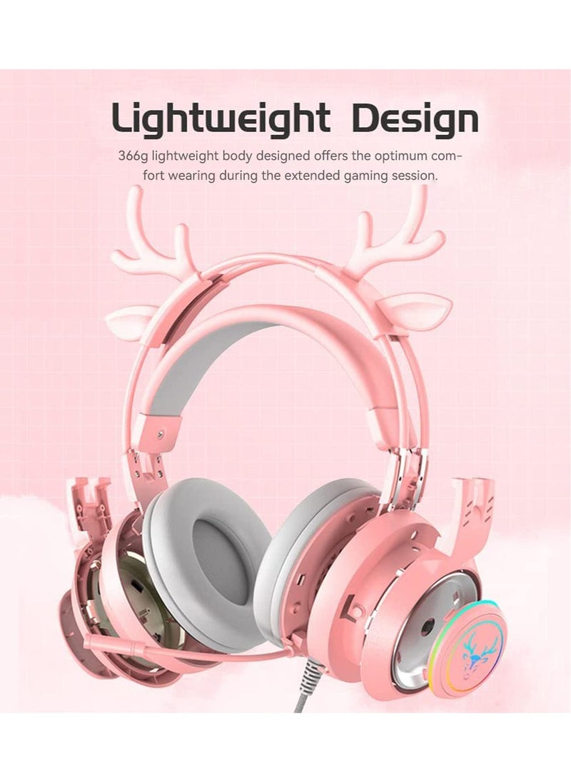 Stereo Gaming Headset for PS4 PC Xbox One PS5 Controller,Noise Cancelling Over Ear Headphones with Mic, LED Breathing Light, Bass Surround, Soft Memory Earmuffs for Laptop Mac Nintendo (Pink)