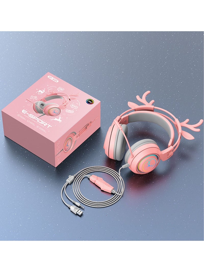 Stereo Gaming Headset for PS4 PC Xbox One PS5 Controller,Noise Cancelling Over Ear Headphones with Mic, LED Breathing Light, Bass Surround, Soft Memory Earmuffs for Laptop Mac Nintendo (Pink)