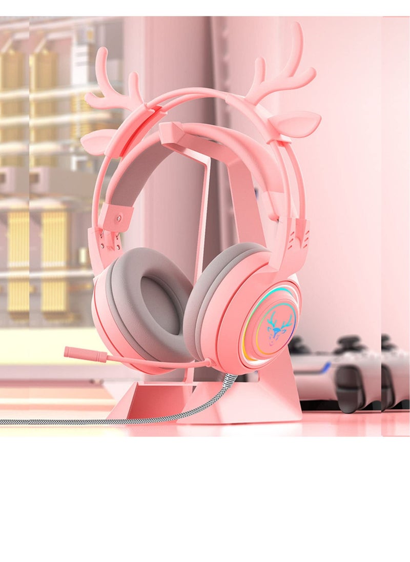 Stereo Gaming Headset for PS4 PC Xbox One PS5 Controller,Noise Cancelling Over Ear Headphones with Mic, LED Breathing Light, Bass Surround, Soft Memory Earmuffs for Laptop Mac Nintendo (Pink)
