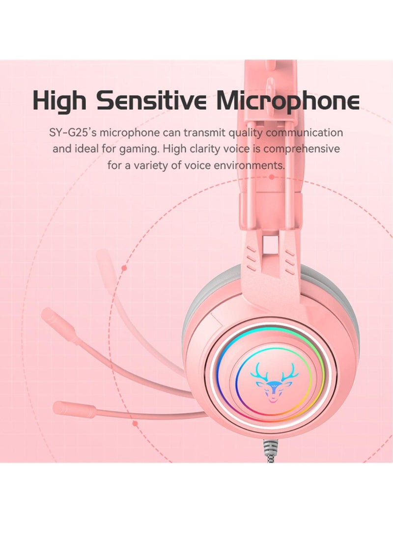 Stereo Gaming Headset for PS4 PC Xbox One PS5 Controller,Noise Cancelling Over Ear Headphones with Mic, LED Breathing Light, Bass Surround, Soft Memory Earmuffs for Laptop Mac Nintendo (Pink)