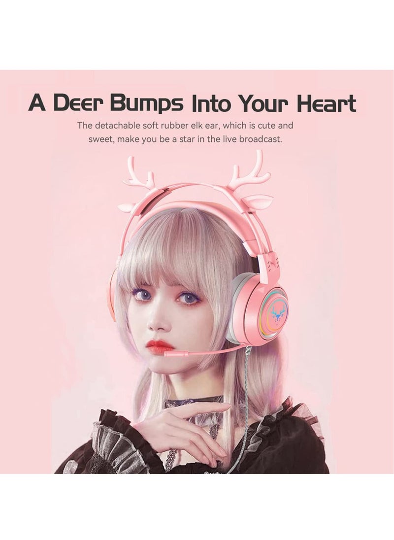 Stereo Gaming Headset for PS4 PC Xbox One PS5 Controller,Noise Cancelling Over Ear Headphones with Mic, LED Breathing Light, Bass Surround, Soft Memory Earmuffs for Laptop Mac Nintendo (Pink)