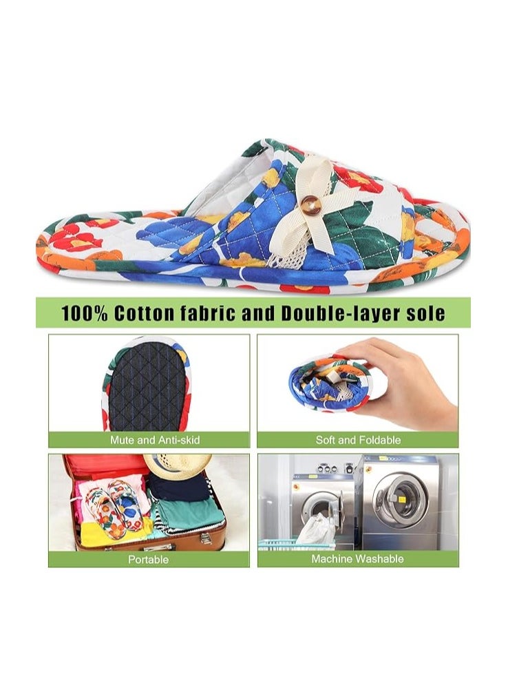 5 Pairs Floral Cotton House Slippers for Women, Soft Open Toe Indoor Spa Slippers for Guests Washable Comfortable Portable Slippers Non Slip Slippers for Hotel Travel Bedroom Airplane Party