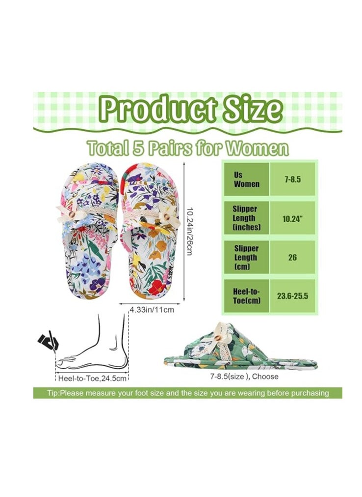 5 Pairs Floral Cotton House Slippers for Women, Soft Open Toe Indoor Spa Slippers for Guests Washable Comfortable Portable Slippers Non Slip Slippers for Hotel Travel Bedroom Airplane Party