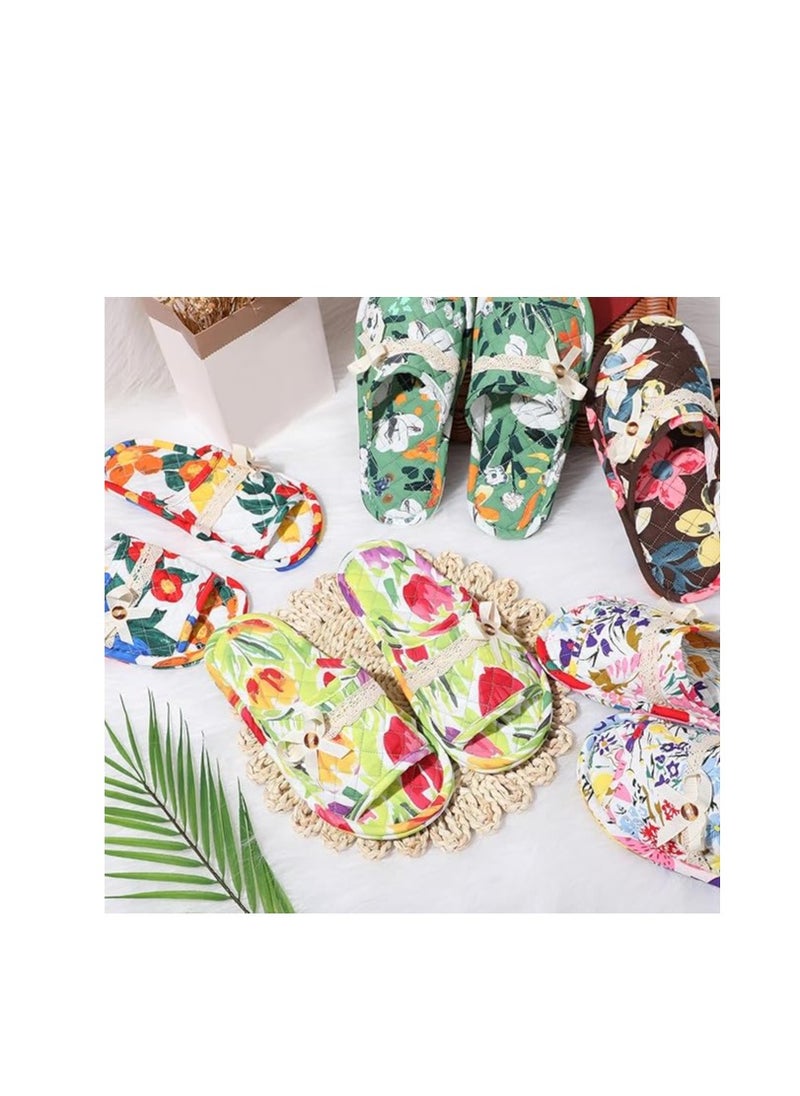 5 Pairs Floral Cotton House Slippers for Women, Soft Open Toe Indoor Spa Slippers for Guests Washable Comfortable Portable Slippers Non Slip Slippers for Hotel Travel Bedroom Airplane Party