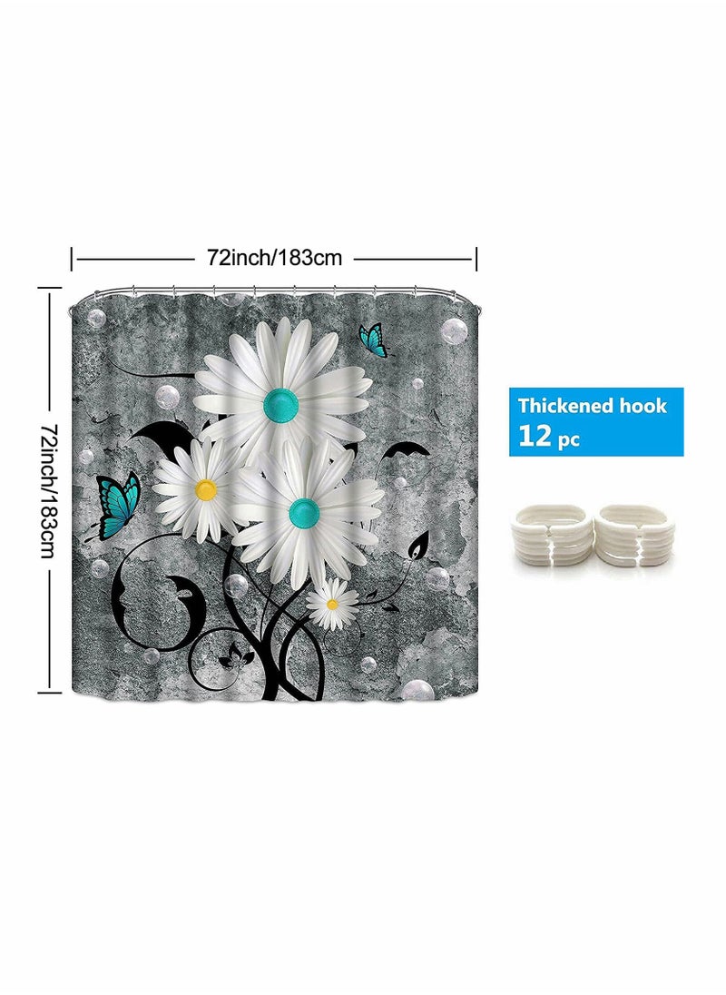 Floral Butterfly Shower Curtain, White Daisy Design for Rustic Farmhouse Bathroom, Waterproof Fabric with 12 Hooks, 72