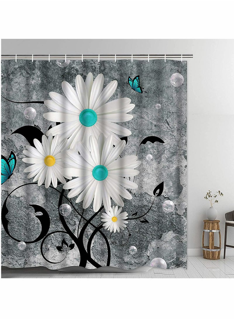 Floral Butterfly Shower Curtain, White Daisy Design for Rustic Farmhouse Bathroom, Waterproof Fabric with 12 Hooks, 72