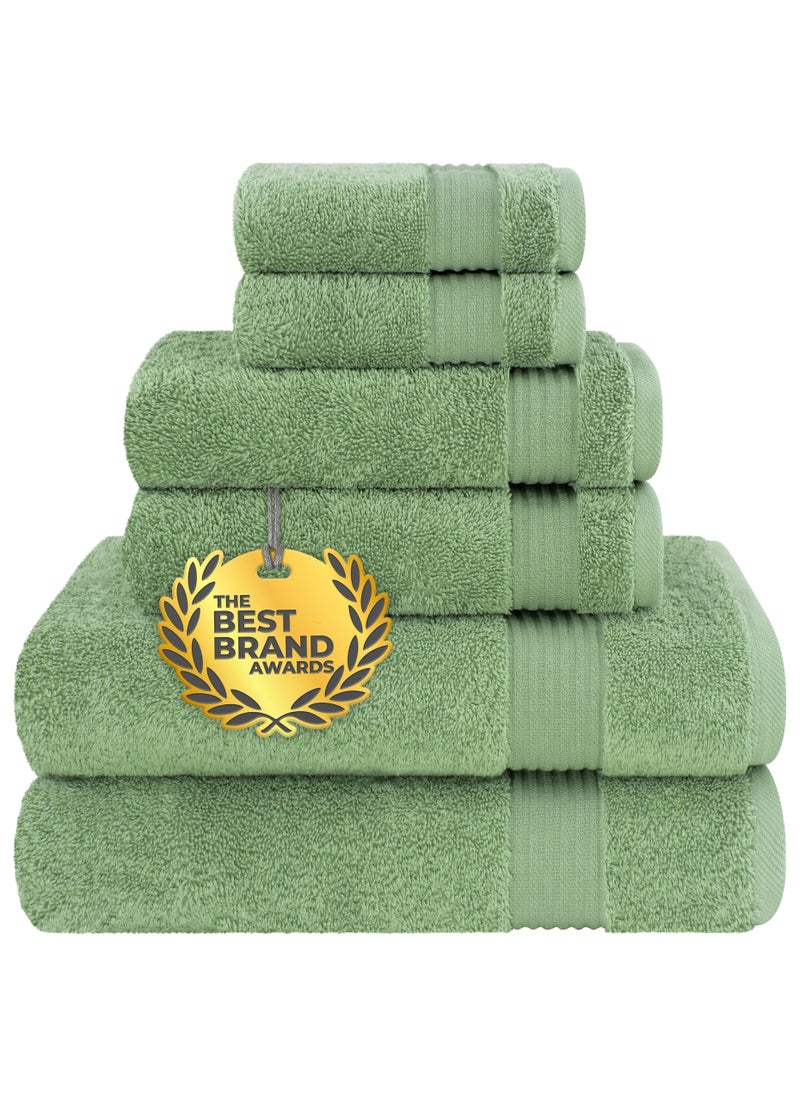 Towel Set Luxury Hotel Quality 500 GSM Genuine Combed Cotton, Super Soft & Absorbent Family Bath Towels 6 Piece Set -  2 Bath Towels, 2 Hand Towels, 2 Washcloths - Sage Green