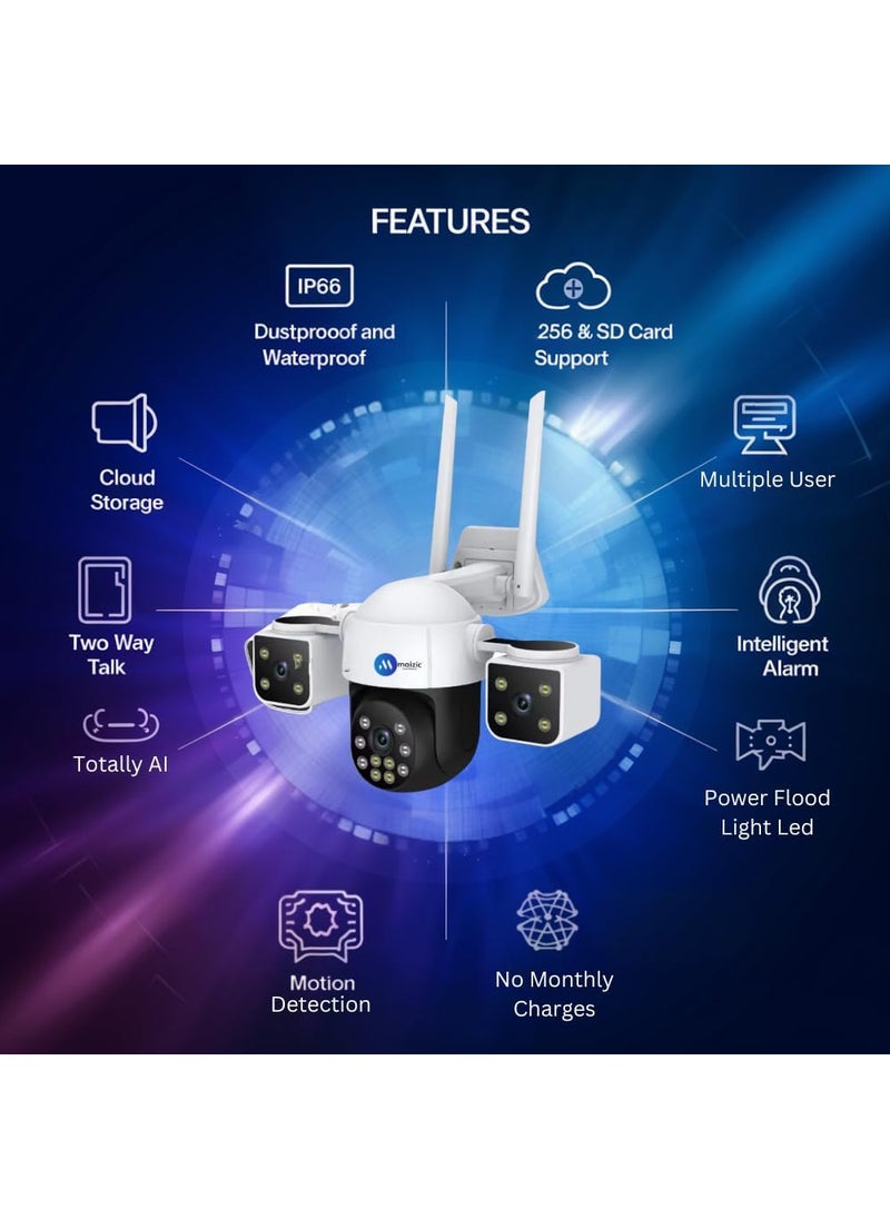 Maizic Smarthome Batman 4G5G Sim Based 4MP4MP4MP FHD 3in1 3 Lens3 Screen View CCTV Outdoor Camera Complete Coverage 360 View Ajustable 360 Side Cameras Two Way Audio IP66 Waterproof