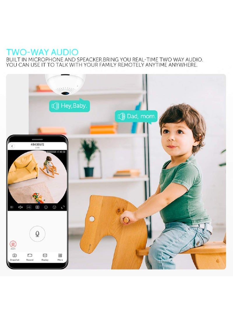 SKY HUB Wireless Panoramic 360 IP Camera LED Bulb Light 960 x 960P Fisheye Vision WiFi Remote Monitoring Home Security Camera Hidden Camera with TwoWay Audio Supports 128GB Micro SD Card
