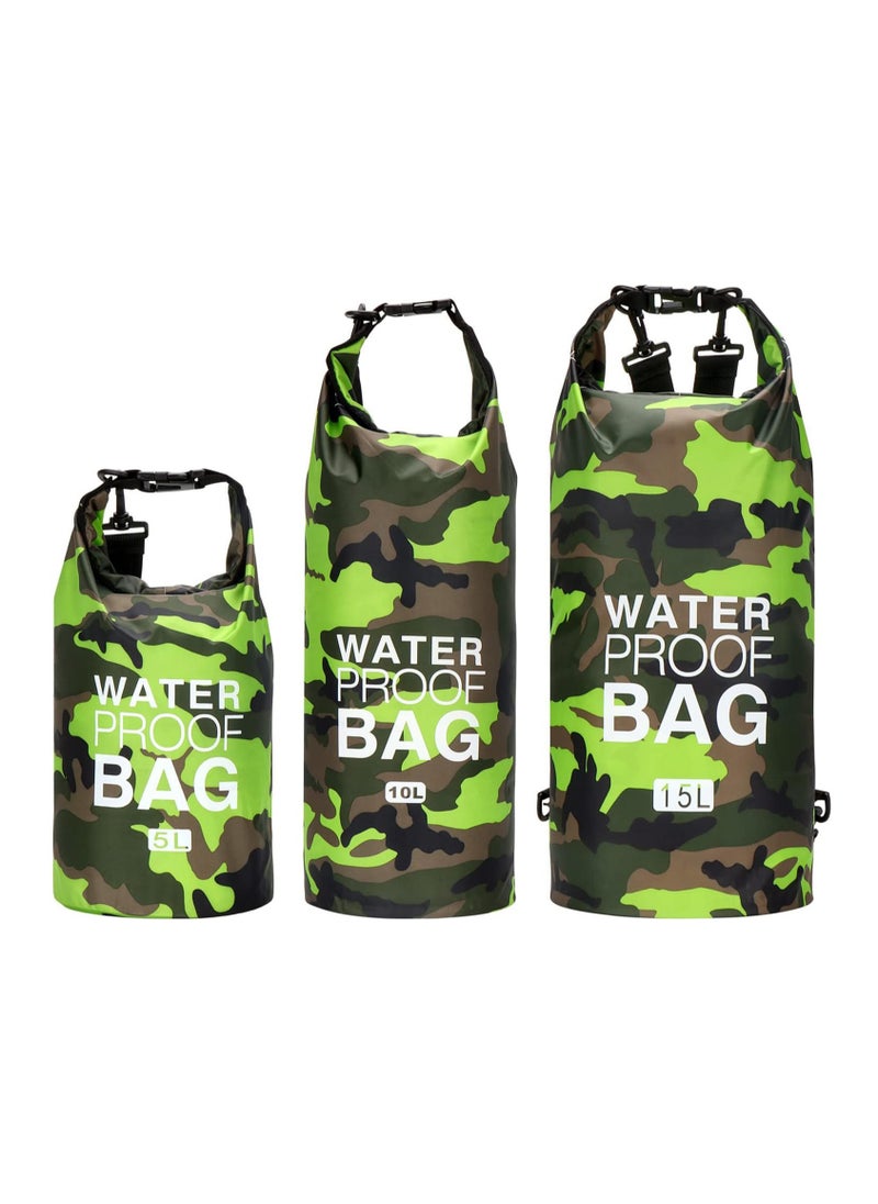 Waterproof Dry Bag 3 Pack Camouflage Roll Top Lightweight Dry Sack Backpack Bundle for Kayaking Floating Boating Swimming Rafting Fishing Camping Beach 5L&10L&15L