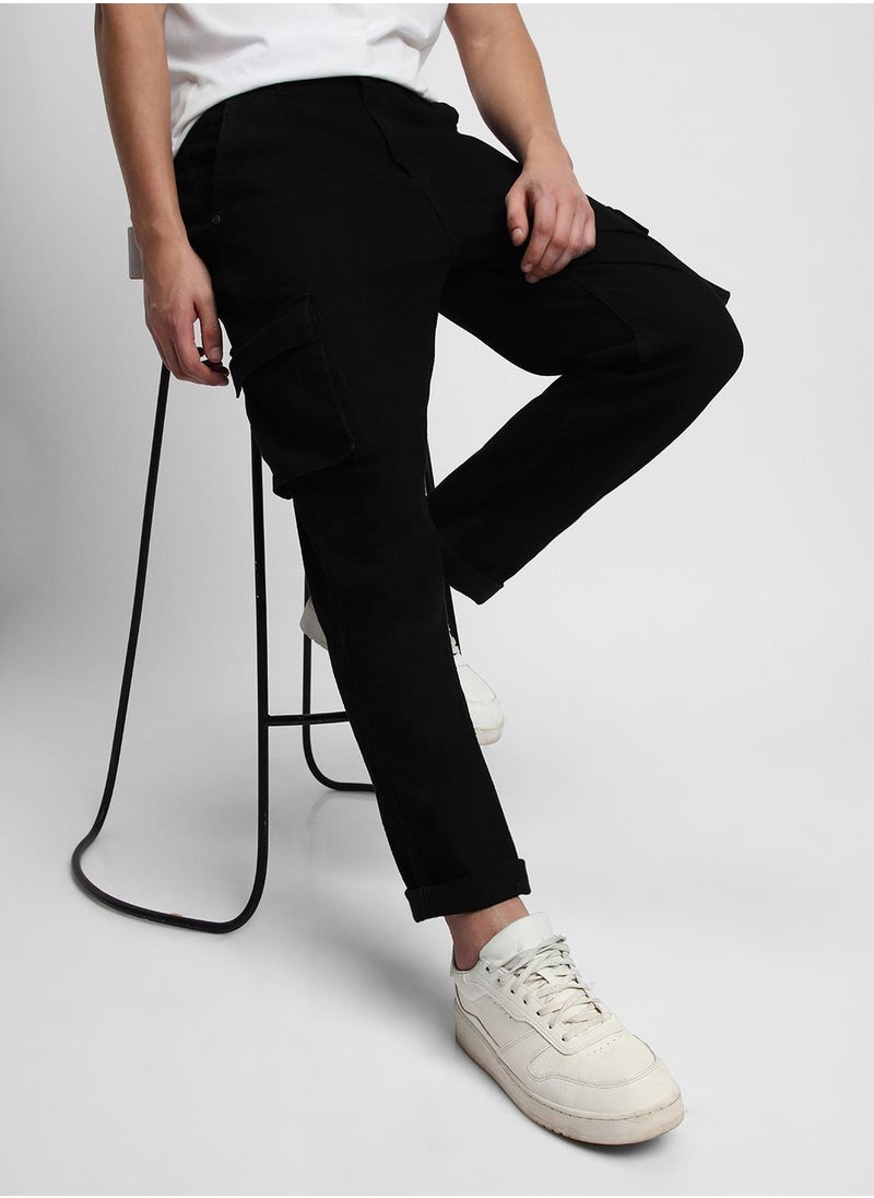 Men's Black Cotton Blend Solid Full Length Denim Cargo Jeans