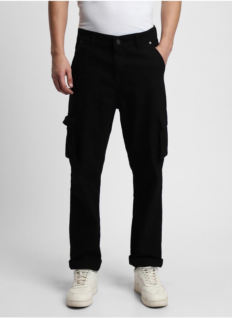 Men's Black Cotton Blend Solid Full Length Denim Cargo Jeans