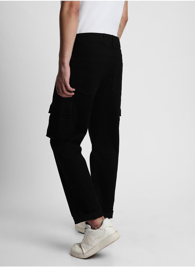 Men's Black Cotton Blend Solid Full Length Denim Cargo Jeans