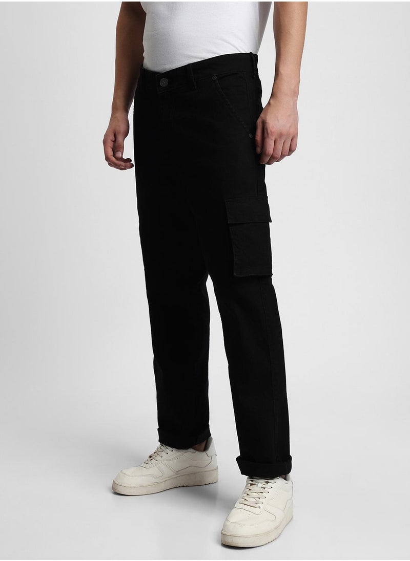 Men's Black Cotton Blend Solid Full Length Denim Cargo Jeans